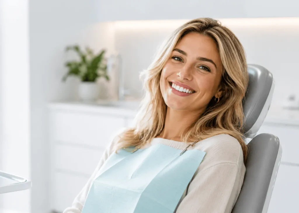 A relaxed patient sitting comfortably in a modern dental chair, smiling during a routine visit.